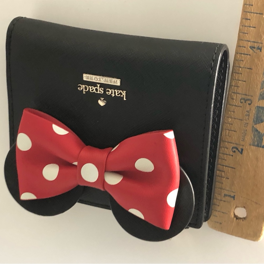 Kate Spade Disney Minnie Mouse Bow Adalyn Leather Bifold Compact Wallet Black - Picture 15 of 16